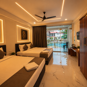 Super Deluxe Cottages with Temperature Controlled Bath Tub and Balcony facing Pool
